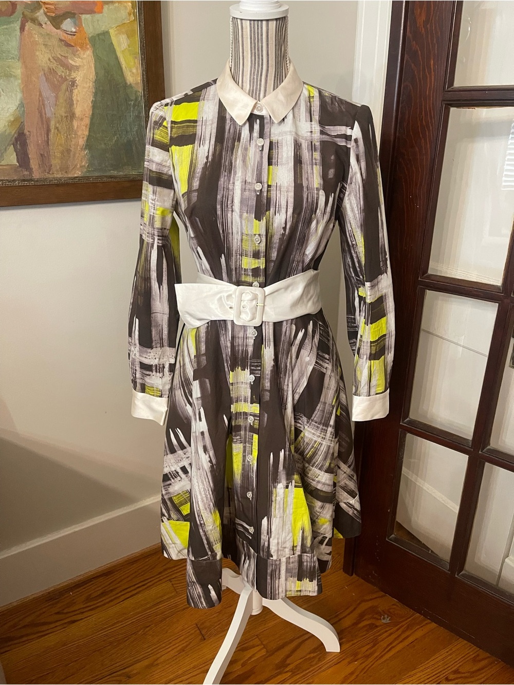 kate spade Brown, White & Yellow Brushstroke Midi Shirt Dress Fit and Flare 2013